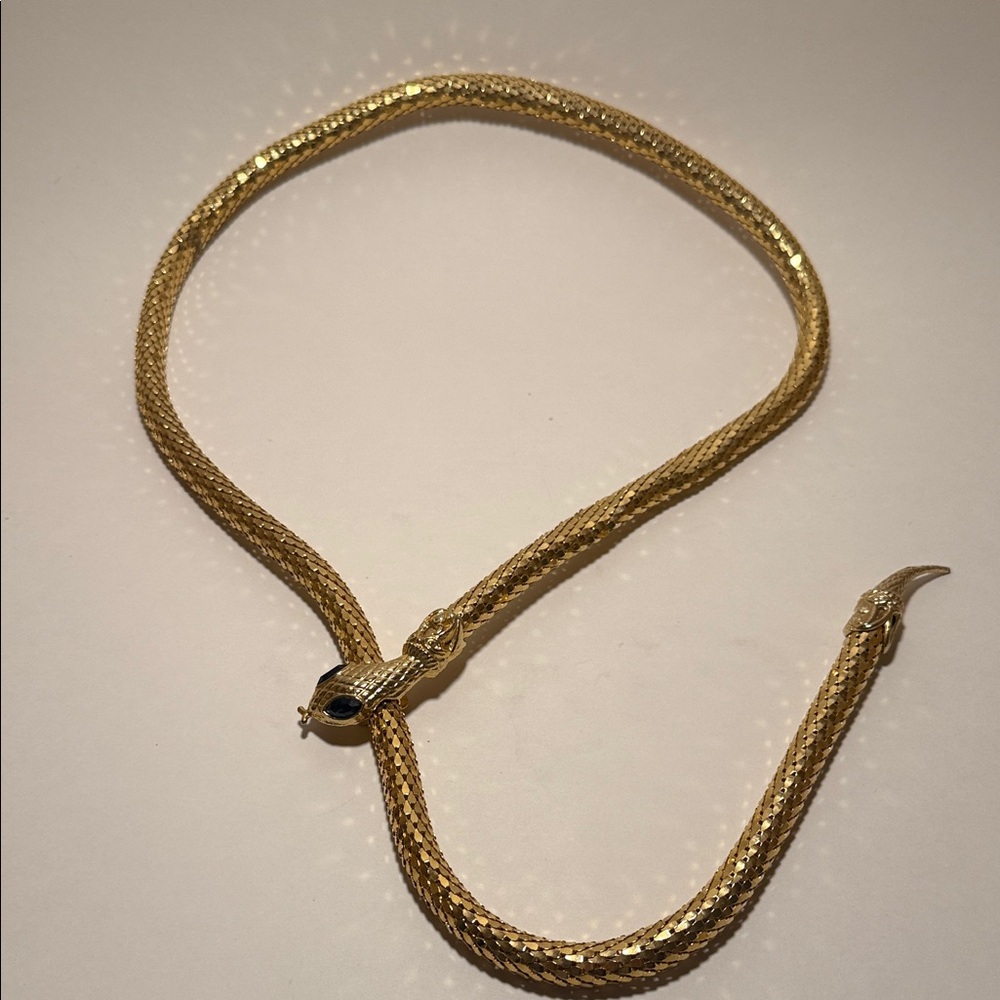Gold Snake Chain Necklace Adjustable With “A” marking, blue gemstone eyes